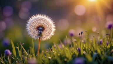 A close-up shot of a dandelion seed head glowing in the sunlight, with soft focus on the