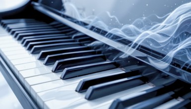A close-up of a piano keyboard with ethereal, glowing energy, creating a sense of musical flow and