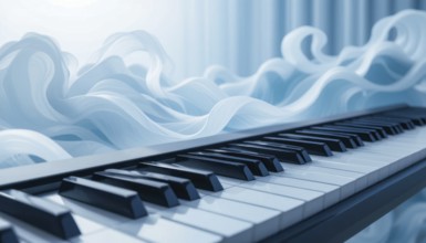 A close-up shot of a piano keyboard with flowing, ethereal blue fabric in the background. The