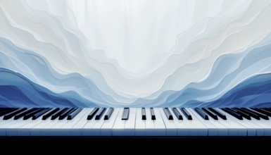 An abstract piano with a stunning blue and white wavy background. The keyboard is in sharp focus,