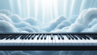 A piano keyboard floats amidst a dreamy cloudscape, evoking a sense of music and serenity, AI
