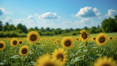 A vibrant field of sunflowers basks in the summer sun, with a clear blue sky dotted with fluffy