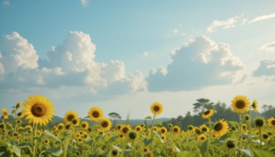 A vibrant field of sunflowers basks in the sunlight, with fluffy clouds dotting a clear blue sky,