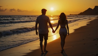 A romantic couple walks hand-in-hand along the beach during a beautiful sunset, silhouetted against