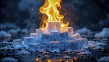 A mesmerizing juxtaposition of fire and ice. Glowing flames erupt from a pile of ice cubes,