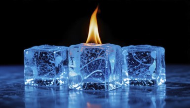 Three ice cubes glow with a blue hue, with one holding a vibrant flame that reaches upward against