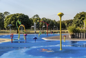 Water playground with colourful fountains, green belt, Cologne, North Rhine-Westphalia, Germany