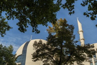 Mosque Cologne with minaret and trees