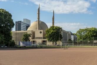 Mosque Cologne with football pitch in front, Cologne, North Rhine-Westphalia, Germany