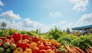A vibrant farmers market scene with fresh produce under a bright blue sky filled with fluffy