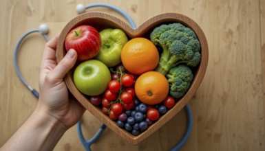 A hand holds a wooden heart-shaped bowl filled with healthy fruits and vegetables, promoting a