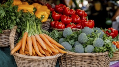 Fresh vegetables, including carrots, peppers, and broccoli, displayed in woven baskets, create a