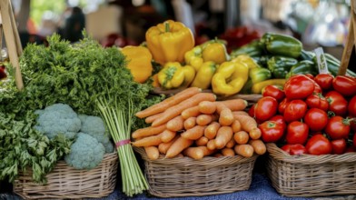 A vibrant display of fresh vegetables at a farmers market, showcasing colorful produce, AI