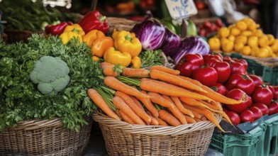Fresh vegetables on display at a bustling farmers market, showcasing vibrant colors and healthy