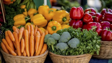 A vibrant display of fresh produce, including carrots, peppers, broccoli, and herbs, artfully