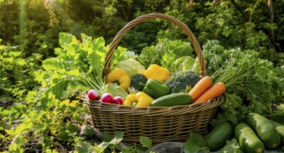 A rustic basket overflowing with fresh, colorful vegetables, showcasing the bounty of a garden on a