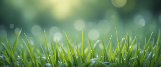 Close-up of fresh green grass with water droplets, set against a blurred background of soft bokeh