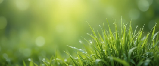 A vibrant close-up of fresh green grass blades glistening with morning dew, under soft sunlight, AI