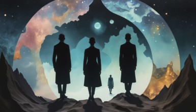 Silhouettes of people standing on a rocky surface, facing a surreal cosmic background with