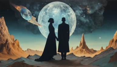 A couple holding hands silhouetted against an alien landscape, framed by planets, nebulae and a