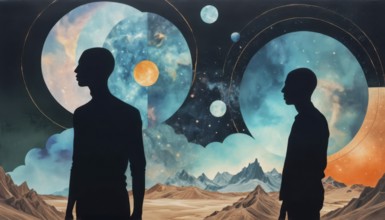 A silhouette of a person gazing toward a vibrant cosmic dreamscape, featuring celestial elements