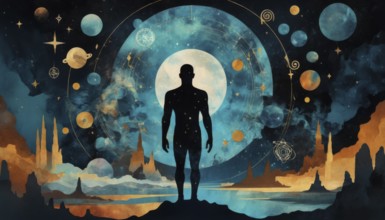 An artistic image of a silhouetted figure standing before a cosmic landscape filled with planets,