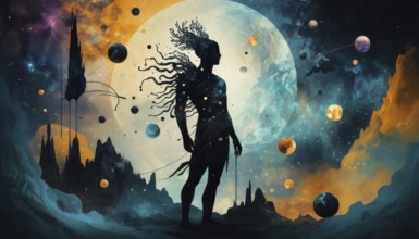 A celestial silhouette of a figure stands against a backdrop of cosmic wonder, surrounded by