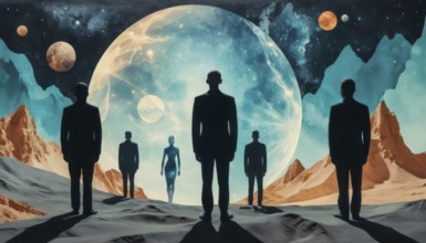 A surreal digital art piece showcasing figures standing before a cosmic landscape with planets and