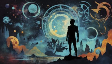 A man stands on a cliff, gazing at a cosmic landscape filled with planets, circles, and swirling