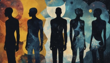 Five figures silhouetted against a backdrop of abstract celestial patterns. The artwork blends