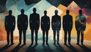 An artistic representation featuring seven individuals in silhouette against a backdrop of a
