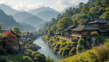 Scenic view of traditional Asian architecture nestled along a tranquil river, surrounded by lush
