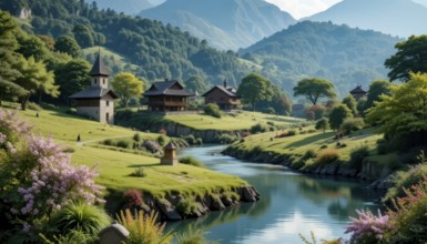A tranquil scene of a village nestled along a calm river, framed by lush greenery and rolling hills