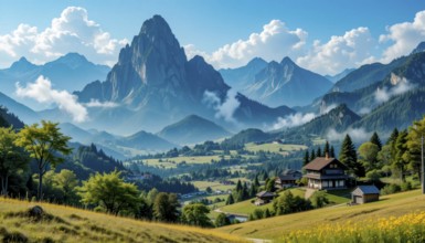 A scenic mountain vista with rolling green hills, charming homes, and a vibrant blue sky dotted