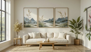 A serene living room featuring a neutral palette, a comfortable sofa, wooden furniture, and framed