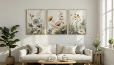 A cozy living room featuring a white sofa, floral artwork, and a large potted plant. The room is