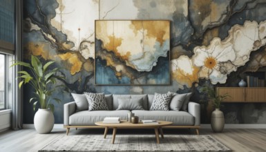 A modern living room featuring a gray sofa, wooden coffee table, and abstract art on a textured