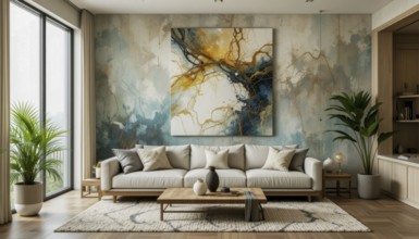 A cozy living room is bathed in natural light, featuring a modern aesthetic with a stylish sofa,