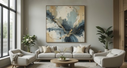 An inviting living room with a large abstract painting, stylish furniture, and natural light