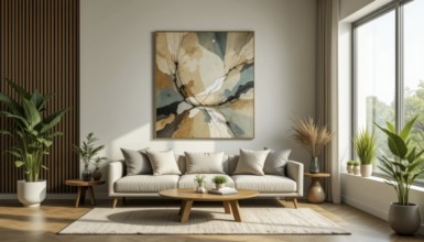 A modern living room showcasing a beige sofa, round coffee table, abstract art, and large windows