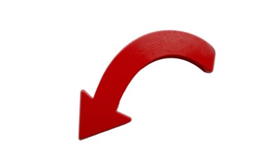 A vibrant red, curved arrow pointing downwards against a clean white background, perfect for