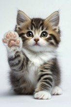 A charming kitten waves its paw towards the viewer, looking adorable with its fluffy fur and