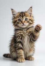 Adorable kitten raises a paw, looking curious and playful against a white background. Its fluffy