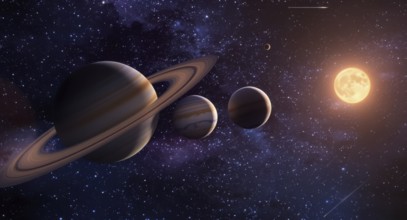 A stunning cosmic scene featuring planets, celestial bodies, a glowing sun, and a backdrop of a