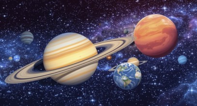 A vibrant depiction of our solar system, showcasing the planets against a stunning backdrop of