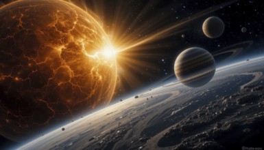 A stunning space scene featuring a fiery planet erupting with light, surrounded by other celestial