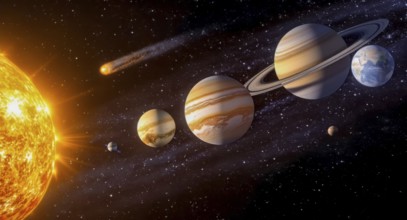 A stunning depiction of the solar system, showcasing planets, the sun, a comet, and a star-filled