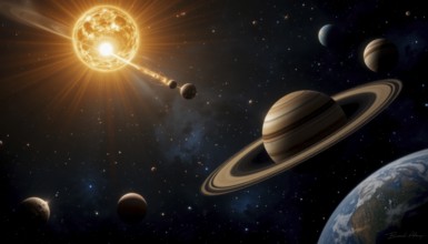 A vibrant digital art piece showcasing planets, stars, and a bright sun amidst a vast space scene,