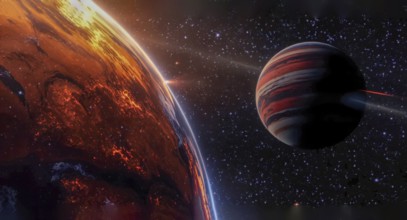 Dramatic space scene features a fiery planet and a gas giant against a starry backdrop, creating a