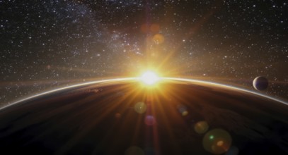 A vibrant sunrise over an alien planet with stars and a moon in the cosmic expanse, creating a